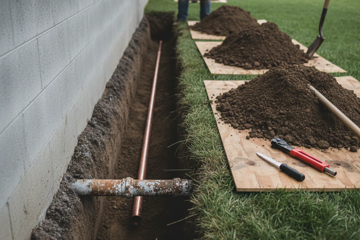 Excavated water line trench during Sewer Line Repair in Orange
